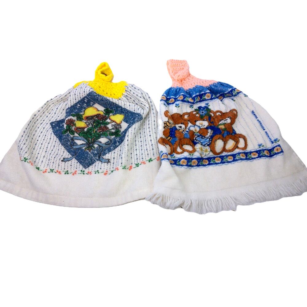 Vintage Franco Royal Crochet Kitchen Hand Towels Mushroom Teddy Bear Set Of 2